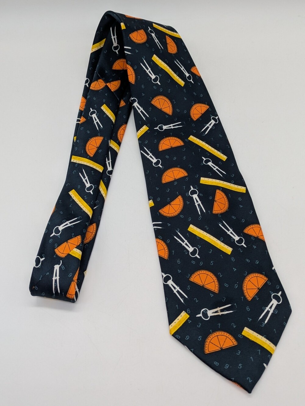 Vintage Parquet Yellow Orange Mathematics Ruler Protractor Compass Mens Neck Tie